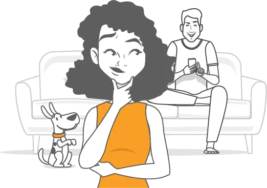 Illustration of a young couple using EarthLink to connect multiple devices. There's a cute doggo, too.