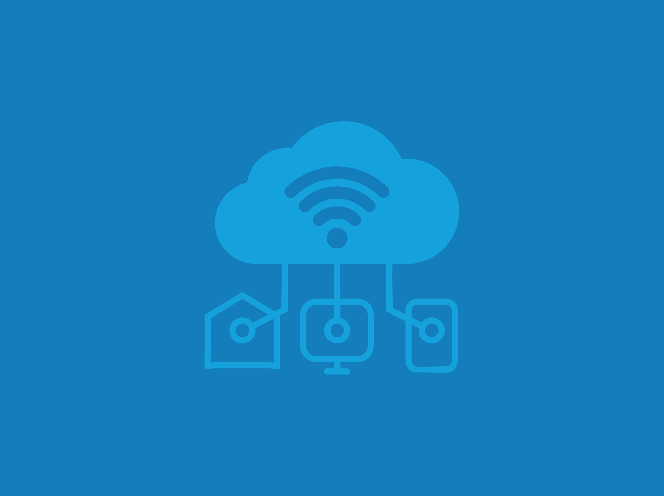 Outline of a blue cloud with a WiFi symbol connected to a house, computer monitor, and cell phone