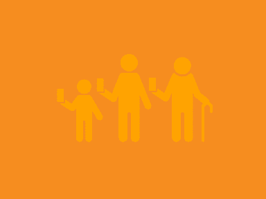 Outline of three generations holding cell phones on an orange background