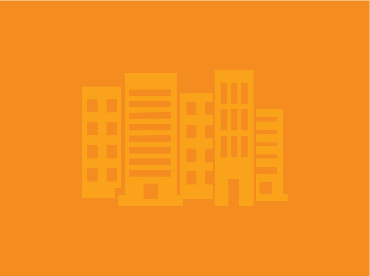 Outline of urban buildings on an orange background.