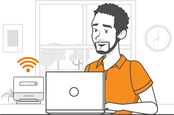 Illustration of person using EarthLink's wireless home internet device.